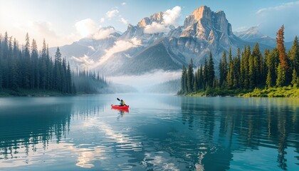 a person in a red canoe on a lake