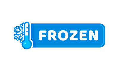 Blue frozen cold product icon, ice crystal label and badge for refrigerated food production or frosty cold preservation items. Isolated vector thermometer, snowflake or frost symbol for packages