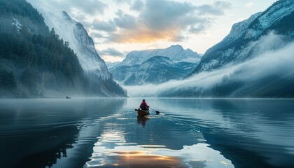 a person in a canoe on a lake with mountains in the background