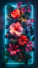 Vibrant neon floral arrangement with glowing edges, featuring roses and exotic flowers against a dark background.