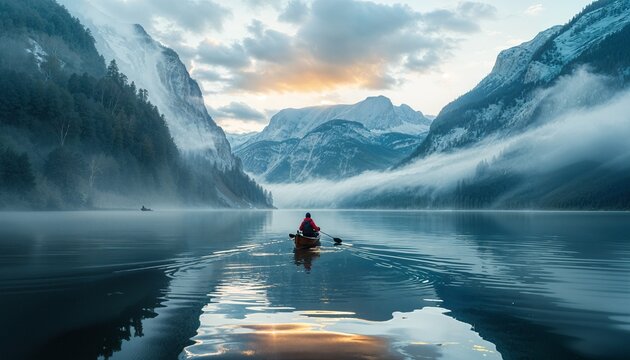 a person in a canoe on a lake with mountains in the background