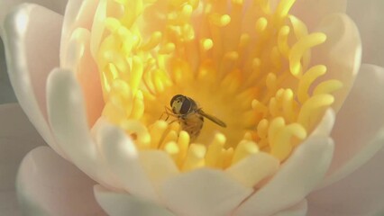 Common Banded Hoverfly (Syrphus ribesii) female struggling to escape from a water lily flower due to its slippery anthers. July, Kent, UK. [Slow motion x5] (she did get out eventually!)