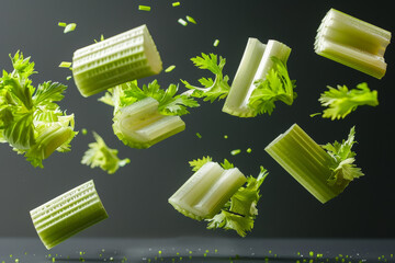 Fresh Celery Stalks Floating in the Air Against Dark Background with Selective Focus