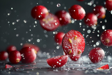 Red Grape Halves in Mid Air with Water Droplets Against Dark Background
