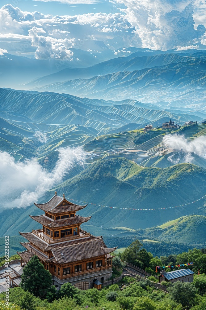 Wall mural a tall building sitting on top of a lush green hillside