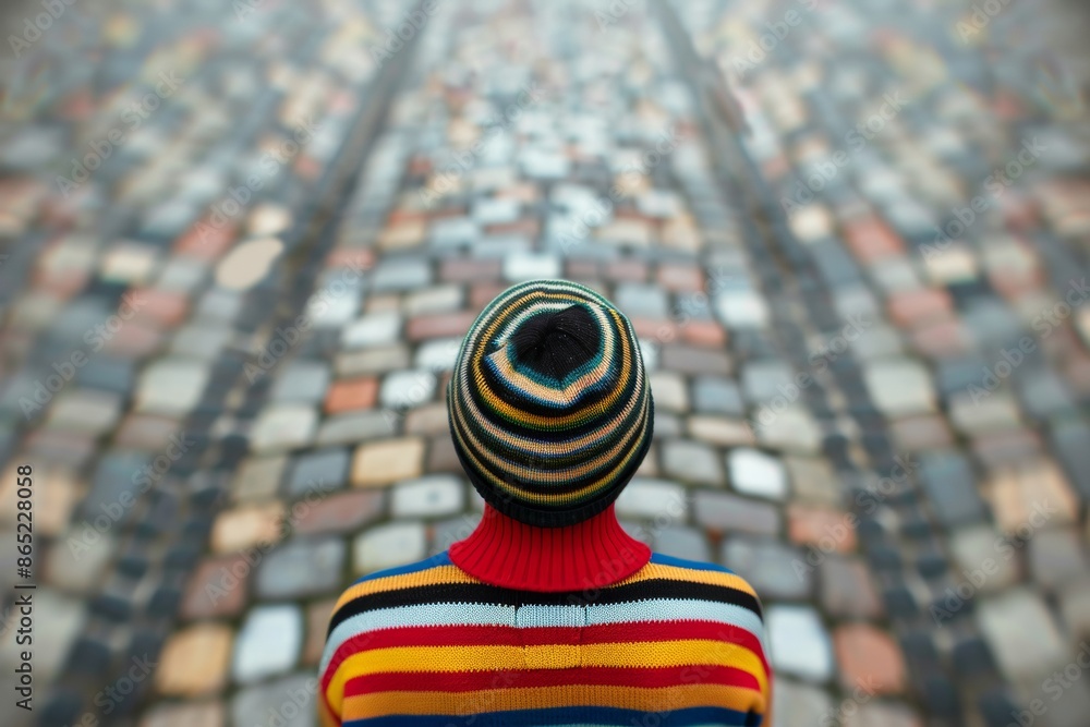 Poster abstract blurred photo of an individual in a colorful striped sweater against a symmetrical cobblest