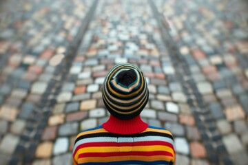 Obraz premium Abstract Blurred Photo of an Individual in a Colorful Striped Sweater Against a Symmetrical Cobblestone and Suit Background, Utilizing Long Exposure Techniques