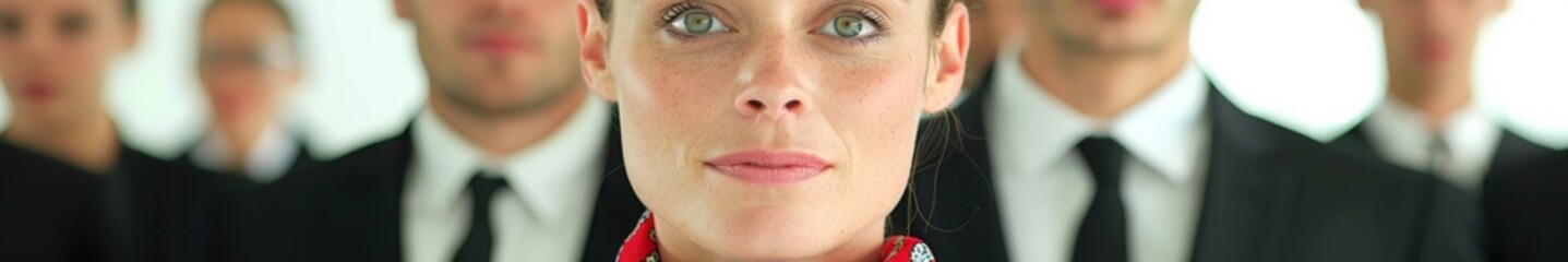 Obraz premium Unique Businesswoman in Colorful Scarf Stands Out During Negotiation in Modern Office with Men in Black Suits