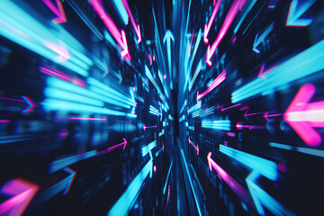 Dynamic Neon Light Arrows with Futuristic Abstract Background in Blue and Pink Colors