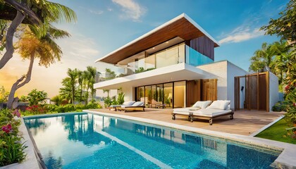 Fototapeta premium Flat roof house with parking and pool for sale or rent with concrete facade and beautiful landscaping. Clear summer evening with cozy light 