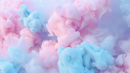 Fototapeta premium Abstract close-up of swirling pink and blue cotton candy dream background evoking childhood fairground memories with soft, pastel colors.