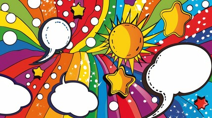 Comic book style LGBT Pride pop art elements with rainbow color palette, speech bubbles, stars, dots, sun, clipart on white background - vector in