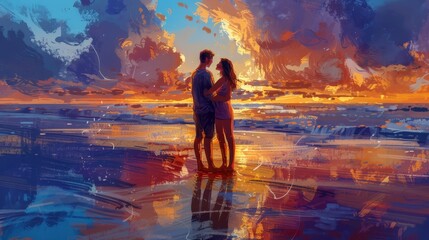 Embracing couples in love on beach, digital art painting of illustration.