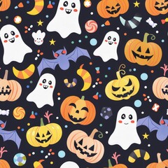 Halloween vector pattern with cute pumpkins, friendly ghosts, candy in vibrant colors, seamless tiling
