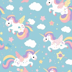 Vector seamless unicorn pattern in pastel colors with stars and clouds.