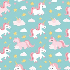 Seamless vector pattern of cute unicorn with pastel colors, stars, clouds