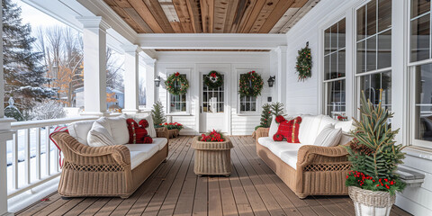 Stunning sofa lounge coastal veranda porch Christmas tree wreath decor exterior lux red white paint natural Hampton farm house entrance patio sunroom contemporary Cape Cod veranda deck outdoor living