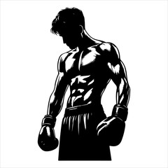 Boxer Silhouette. Strong fighter. Direct kick. Sportsman on training. Sparing. A boxer stands with pose vector silhouette. Martial skills demonstration.