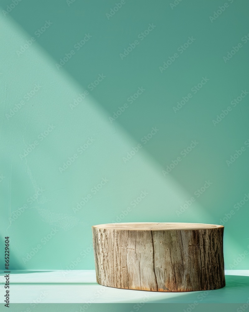 Poster elegant minimalist wooden podium on gradient green to turquoise background highlighted by playful li