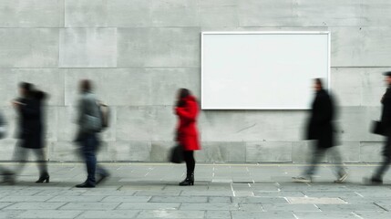 Obraz premium Dynamic Urban Scene with Motion-Blurred People Passing by a Blank Poster on a Concrete Wall in a Business Environment