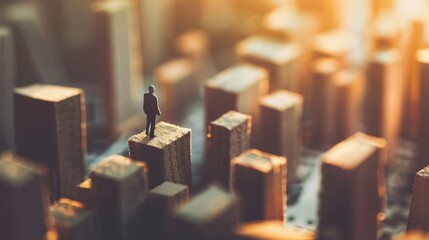 Miniature businessman stepping on success blocks with cityscape shadow vertical business concept