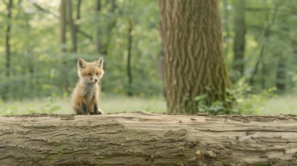 A young red fox kit sits on a log in a forest, its orange fur blending with the green foliage