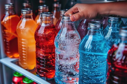 a hand is grabbing drink in fridge professional photography