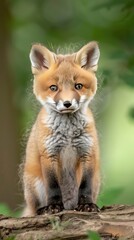 A young red fox kit sits on a log in a forest, its orange fur blending with the green foliage