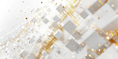 Abstract digital background featuring white cubes and golden lines, creating a high-tech,...