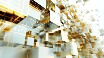 Abstract digital background featuring golden and white cubes arranged in a dynamic, high-tech geometric pattern. The design is intricate and visually striking
