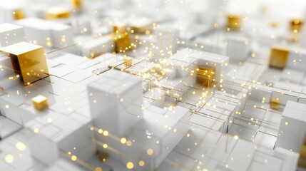 Abstract digital background featuring white and golden cubes interconnected by glowing lines. The high-tech geometric pattern is intricate and visually dynamic