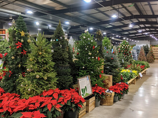 Cozy Christmas tree farm market garden center stall with green pine trees in rustic seasonal charm outdoor plants wreaths festive farmer shopping retail advert 