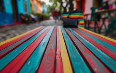Obraz premium Vibrant Striped Wooden Table in Urban Setting with Cobblestone Background, Bright Daylight and Individuality Concept