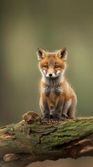 Naklejka premium A young red fox kit sits on a log in a forest, its orange fur blending with the green foliage