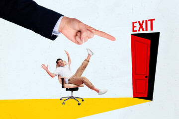 Creative collage human hand body fragment point finger armchair man exit career fired employee...