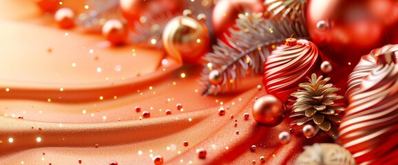 A detailed image presenting Christmas ornaments against a red backdrop. A close up of vibrant New Year holiday decorations