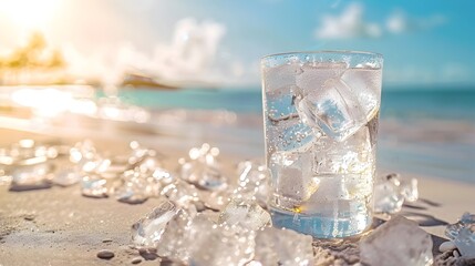 A Glass with Ice Against Sunny Beach Backdrop Offers Thirst-Quenching Reprieve