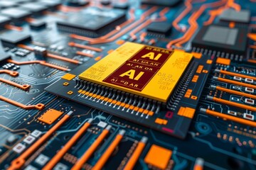 Close up of AI enhanced microchip on a circuit board, highlighting technological innovation and advanced computing power