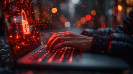 importance of cyber security - danger of cyber-attacks, laptop on desk in modern office with red glow and a padlock on the screen, Ai