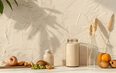 Health-Focused Kitchen Scene with Protein Powder, Fresh Fruits, and Water Bottle on Modern Counter in Daylight