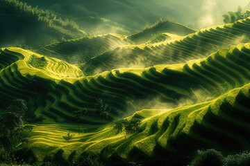 A purely green scene of the Rice Terraces professional photography