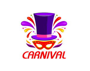 Top hat and mask carnival party icon, entertainment event. Isolated vector vibrant emblem with cylinder cap, disguise and colorful splashes. Label for promoting parties and festive celebrations