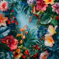 Vibrant tropical flowers and lush green leaves border against a light blue background, creating a colorful and exotic botanical frame.