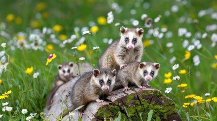 Obraz premium A group of four young Asian palm civets are playing on a fallen log in a field of wildflowers