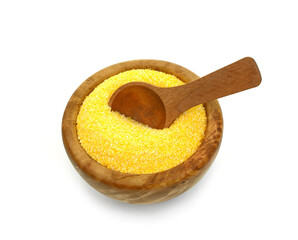 Closeup bowl of yellow polenta grain isolated at white background.