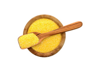 Closeup bowl of yellow polenta grain isolated at white background.