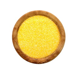 Cornmeal polenta in wooden bowl isolated. Corn polenta, uncooked isolated on white