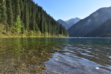 The beatiful Turquoise mountain Lake Issyk Kul close to Almaty in Kazakhstan