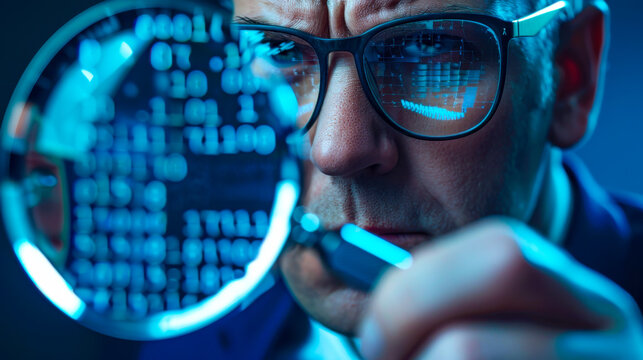 Forensic Analyst Examining Digital Evidence. A forensic analyst closely examining digital evidence with a magnifying glass, focusing on discovering crucial data in a cyber investigation.