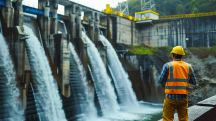 Engineer Inspecting Hydroelectric Dam. An engineer in a safety vest and helmet inspecting a hydroelectric dam, highlighting renewable energy, engineering, and environmental sustainability.